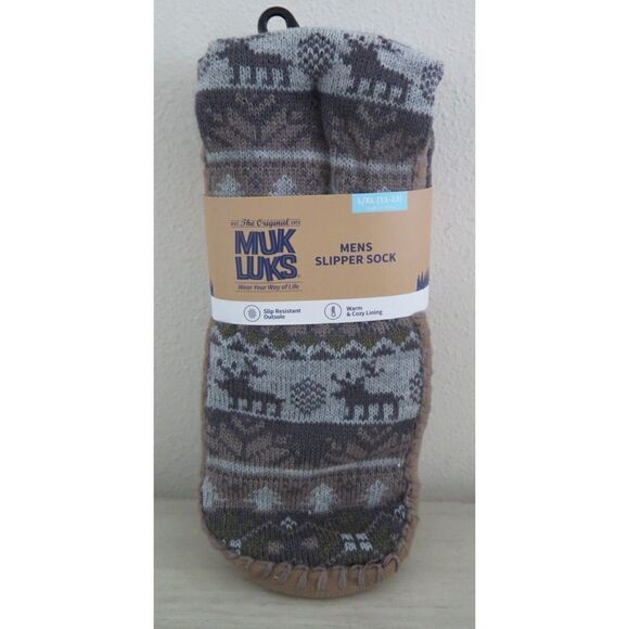 Muk Luks Men's Sz L/XL (11-13) Gray Moose Slip Resistant Slipper Socks - Picture 1 of 4